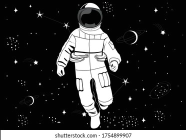 Astronaut in spacesuit, black vector boy man fashion seamless pattern for fashion and stationary wallpaper decorative design hand drawn illustration 