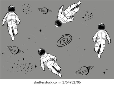 Astronaut In Spacesuit, Black Vector Boy Seamless Pattern