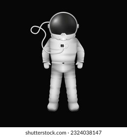 Astronaut in spacesuit. Character in protective helmet and white special suit with breathing wire hovers in zero vector gravity