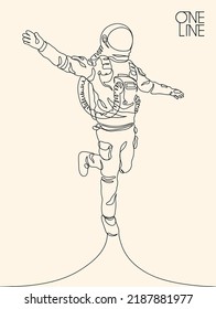 Astronaut in spacesuit. Cosmonaut linear silhouette. Continuous line