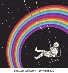 Astronaut in spacesuit. Cosmonaut on swing. Abstract rainbow in space
