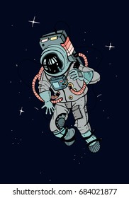 Astronaut in spacesuit. Cosmonaut in space on the background of stars. Colorful vector illustration.