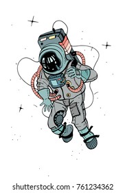 Astronaut in spacesuit. Cosmonaut in space on the white background. Colorful vector illustration.