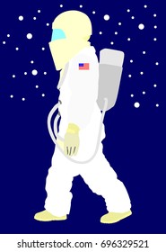  Astronaut in spacesuit in cosmos expedition. Spaceman outer space planet earth, vector illustration on blue background. 