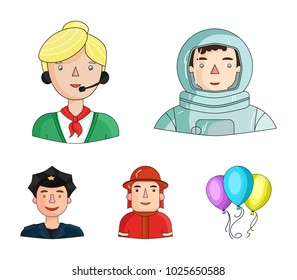 An astronaut in a spacesuit, a co-worker with a microphone, a fireman in a helmet, a policeman with a badge on his cap. People of different professions set collection icons in cartoon style vector