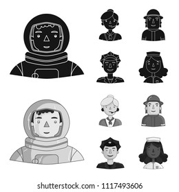 An astronaut in a spacesuit, a co-worker with a microphone, a fireman in a helmet, a policeman with a badge on his cap. People of different professions set collection icons in black,monochrome style