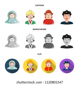 An astronaut in a spacesuit, a co-worker with a microphone, a fireman in a helmet, a policeman with a badge on his cap. People of different professions set collection icons in cartoon,flat,monochrome
