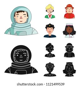 An astronaut in a spacesuit, a co-worker with a microphone, a fireman in a helmet, a policeman with a badge on his cap. People of different professions set collection icons in cartoon,black style