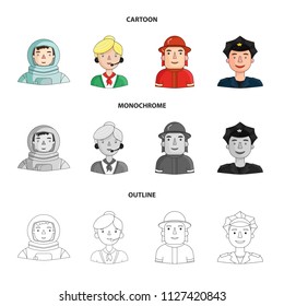 An astronaut in a spacesuit, a co-worker with a microphone, a fireman in a helmet, a policeman with a badge on his cap. People of different professions set collection icons in cartoon,outline