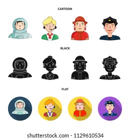 An astronaut in a spacesuit, a co-worker with a microphone, a fireman in a helmet, a policeman with a badge on his cap. People of different professions set collection icons in cartoon,black,flat style