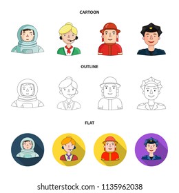 An astronaut in a spacesuit, a co-worker with a microphone, a fireman in a helmet, a policeman with a badge on his cap. People of different professions set collection icons in cartoon,outline,flat