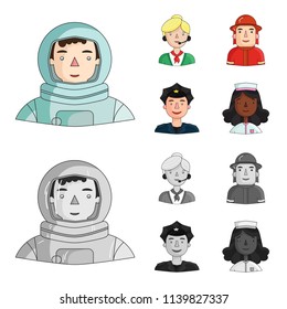 An astronaut in a spacesuit, a co-worker with a microphone, a fireman in a helmet, a policeman with a badge on his cap. People of different professions set collection icons in cartoon,monochrome style