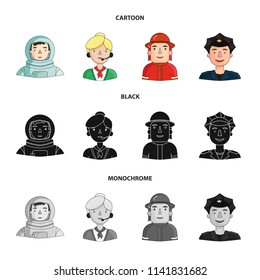 An astronaut in a spacesuit, a co-worker with a microphone, a fireman in a helmet, a policeman with a badge on his cap. People of different professions set collection icons in cartoon,black,monochrome