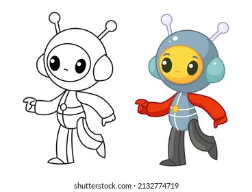 An astronaut in a spacesuit is dancing. Set with coloring book and color example. Happy cute alien in a spacesuit smiles. Vector illustration in cartoon childish style. Isolated funny clipart. Seal.