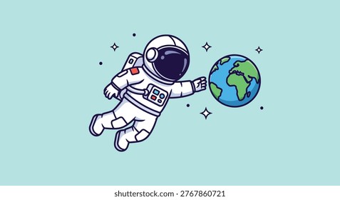 An astronaut in a spacesuit is depicted floating weightlessly next to the planet Earth in outer space, surrounded by stars.