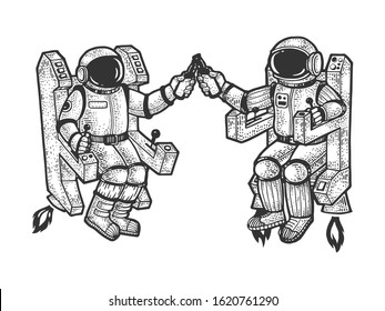 Astronaut in spacesuit drink beer sketch engraving vector illustration. T-shirt apparel print design. Scratch board style imitation. Black and white hand drawn image.