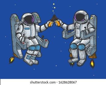 Astronaut in spacesuit drink beer sketch engraving vector illustration. T-shirt apparel print design. Scratch board style imitation. Black and white hand drawn image.