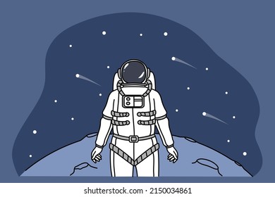 Astronaut in spacesuit explore planet in universe look in space full of stars. Cosmonaut or spaceman stand on surface of moon, have mission in open cosmos. Flat vector illustration. 