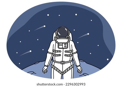 Astronaut in spacesuit explore planet in universe look in space full of stars. Cosmonaut or spaceman stand on surface of moon, have mission in open cosmos. Flat vector illustration.