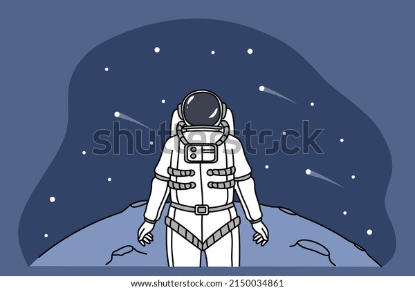 Astronaut in\
spacesuit explore planet in universe look in space full of stars.\
Cosmonaut or spaceman stand on surface of moon, have mission in\
open cosmos. Flat vector illustration.\
