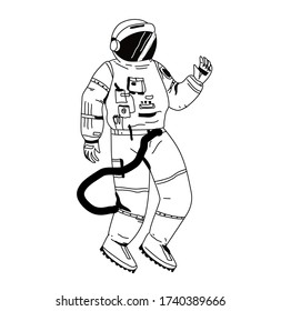  Astronaut  in spacesuit exploring outer space against stars and planets in background. Human spaceflight. Flat style vector illustration.