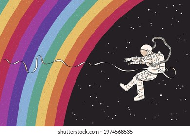 Astronaut in spacesuit. Falling cosmonaut. Abstract rainbow in space