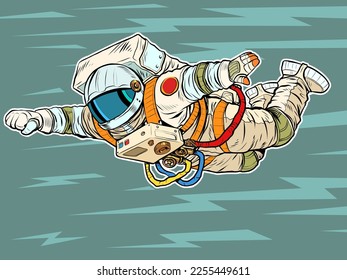 An astronaut in a spacesuit flies forward like a superhero. Weightlessness. Pop art retro vector illustration 50s 60s style kitsch vintage