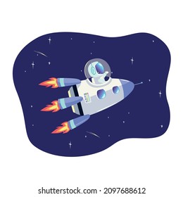 An astronaut in a spacesuit flies on a rocket against the background of the starry sky. Space travel and exploration vector illustration in cartoon style.