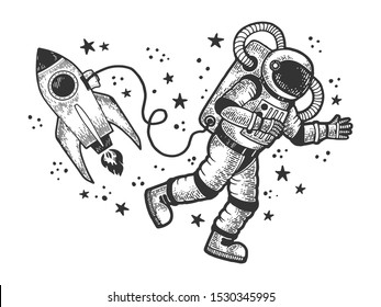 Astronaut in spacesuit flies at open space near spaceship rocket sketch engraving vector illustration. T-shirt apparel print design. Scratch board style imitation. Black and white hand drawn image.