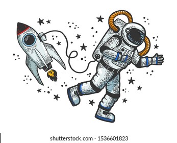 Astronaut in spacesuit flies at open space near spaceship rocket sketch engraving vector illustration. T-shirt apparel print design. Scratch board style imitation. Black and white hand drawn image.