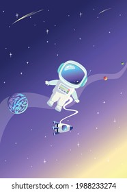 An astronaut in a spacesuit flies in open space against the background of a rocket and the starry sky. Space travel and exploration vector illustration in cartoon style.