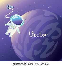 An astronaut in a spacesuit flies in open space against the background of a rocket and the starry sky. Space travel and exploration vector illustration in cartoon style.