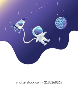 An astronaut in a spacesuit flies in open space against the background of a rocket and the starry sky. Space travel and exploration vector illustration in cartoon style.
