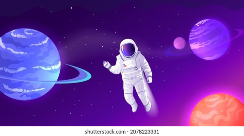 The astronaut in a spacesuit flies in outer space. Discovery of a new planets	
