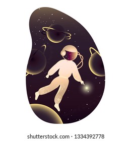 Astronaut in spacesuit flies in space between planets. The man dragged a finger to the light. The concept of space, galaxy and future. Vector illustration.