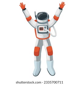 Astronaut in spacesuit for flight in outer space vector illustration. Cartoon isolated spaceman character flying with hands up, astronaut floating in weightlessness and training, dancing cosmic dance