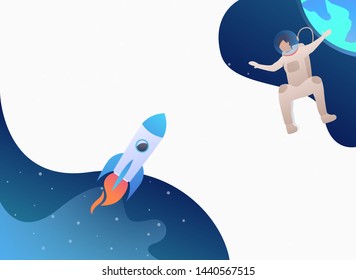 Astronaut in spacesuit floating in open space and rocket. Flight, exploration concept. Vector illustration can be used for topics like astronomy, science, universe