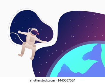 Astronaut in spacesuit floating in open space and earth. Flight, exploration concept. Vector illustration can be used for topics like astronomy, science, universe