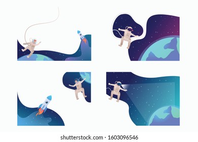 Astronaut in spacesuit floating in outer space set. Planet, rocket, cosmonaut. Flat vector illustrations. Cosmos, exploration concept for banner, website design or landing web page