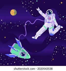 Astronaut in spacesuit floating in space and dancing. Rock spaceman flying with spaceship around planet. Exploring  Cartoon vector illustration.