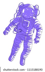 Astronaut in spacesuit floating in weightlessness, spaceman in open space realistic vector illustration isolated over white background.