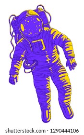 Astronaut in spacesuit floating in weightlessness, spaceman in open space realistic vector illustration isolated over white background.