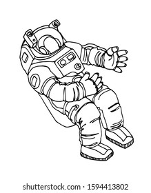 astronaut in spacesuit floating in weightlessness, vector illustration with black contour lines isolated on white background in hand drawn and Doodle style