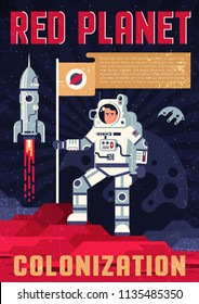 Astronaut in spacesuit with fluttering  flag on the surface of another's planet - retro poster template in a flat style. Grãnge worn texture on a separate layer and easily deactivated.