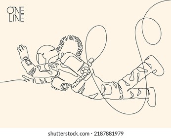 Astronaut in spacesuit. Flying man linear silhouette. Continuous line