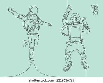 Astronaut in spacesuit. Flying man linear silhouette. Continuous line