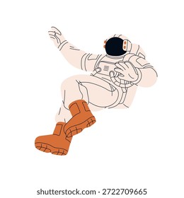 Astronauta en traje espacial está volando en el espacio exterior. Cosmonauta disfrazado, el casco se eleva en el cosmos. Spaceman está en caminata espacial en viajes galácticos. Ilustración vectorial aislada plana sobre fondo blanco