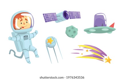 Astronaut in Spacesuit and Flying Satellite Vector Set