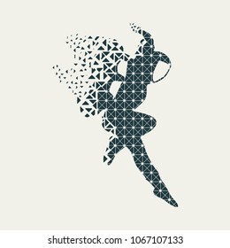 Astronaut in spacesuit. Flying silhouette of a spaceman textured by lines and dots pattern. Particles emission. Fantastic person