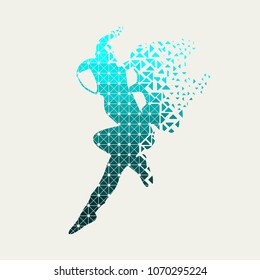 Astronaut in spacesuit. Flying silhouette of a spaceman textured by lines and dots pattern. Particles emission. Fantastic person
